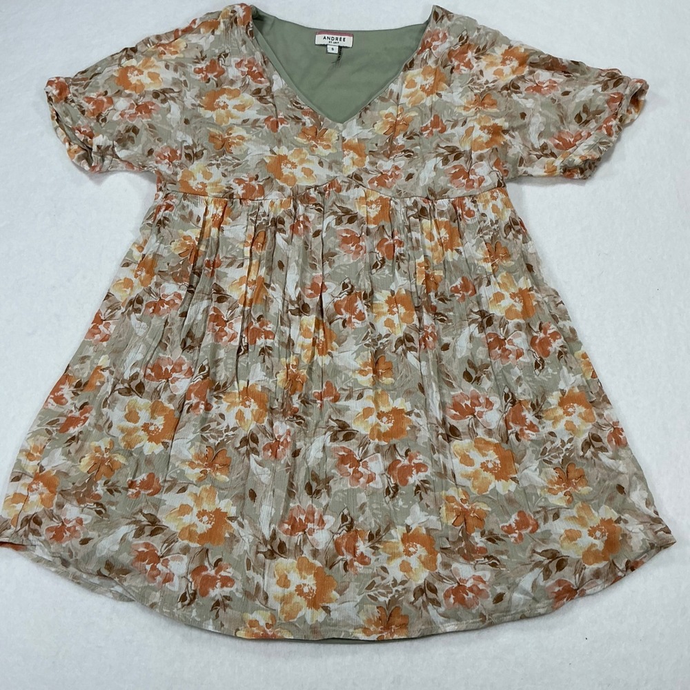 Andree by Unit Womens Floral Babydoll Top Orange Green V-Neck Small